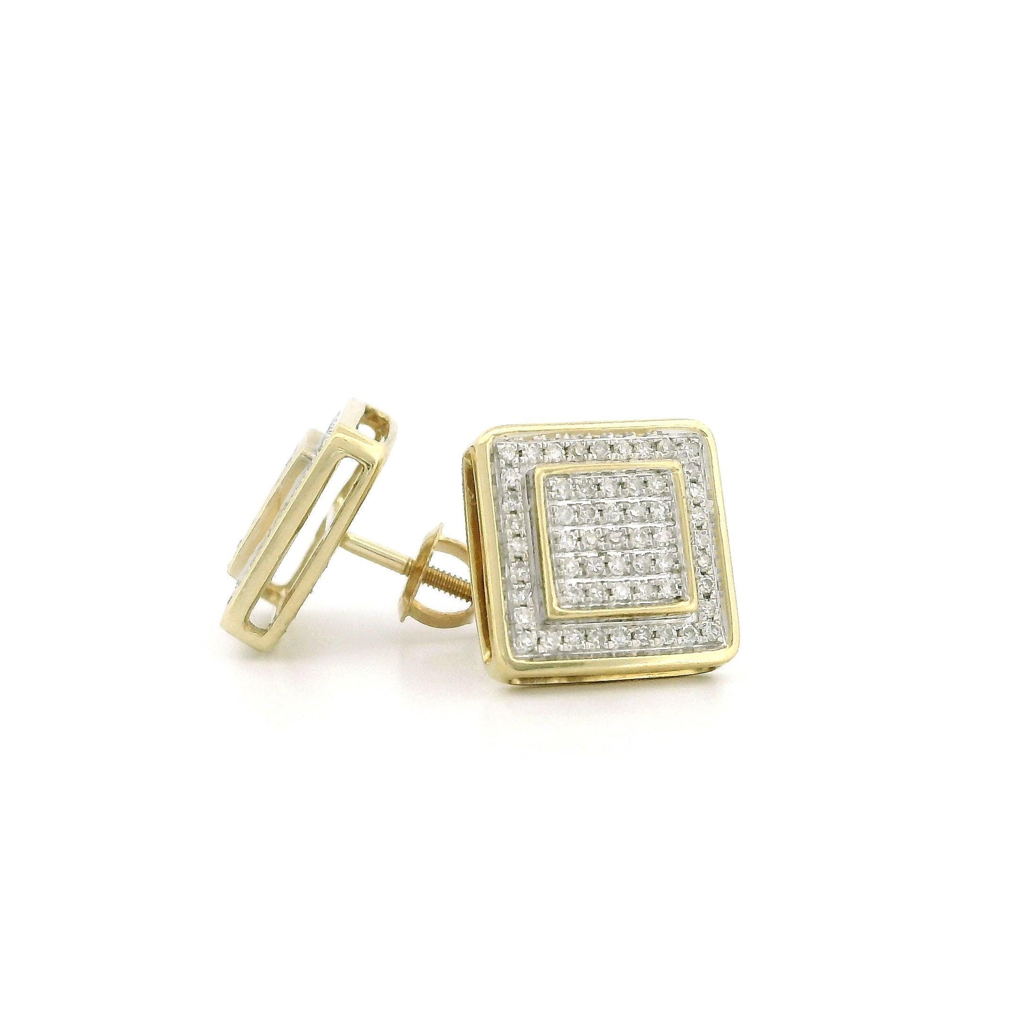 14k Yellow Gold Diamond Stud Earrings, 0.29ct Natural Round Diamonds, Raised Square Center, Screw Back