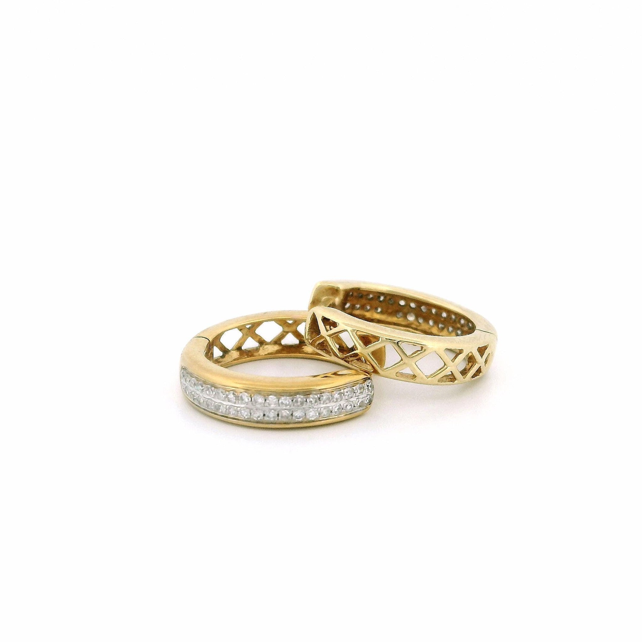 14k Yellow Gold Hinged Hoop Earrings, Double Row Natural Diamond Accents, 0.14ct Diamond Hoops