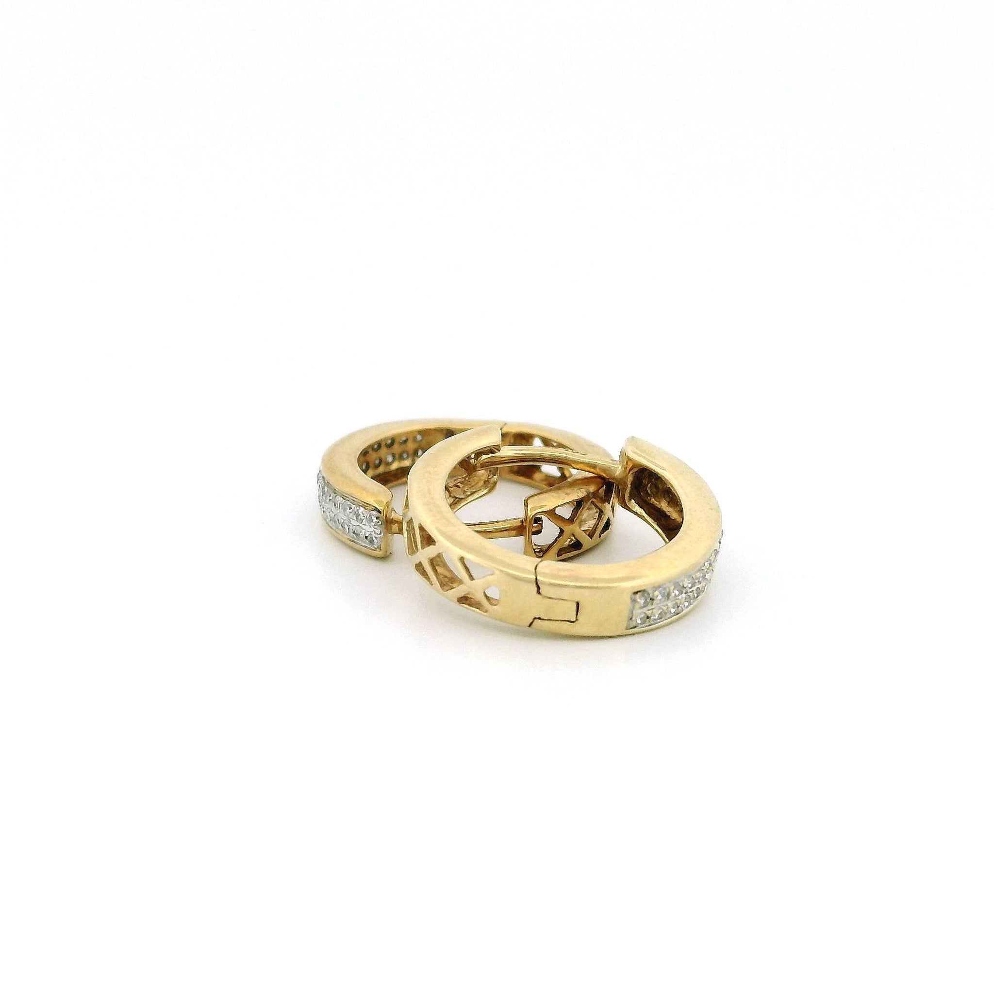 14k Yellow Gold Hinged Hoop Earrings, Double Row Natural Diamond Accents, 0.14ct Diamond Hoops