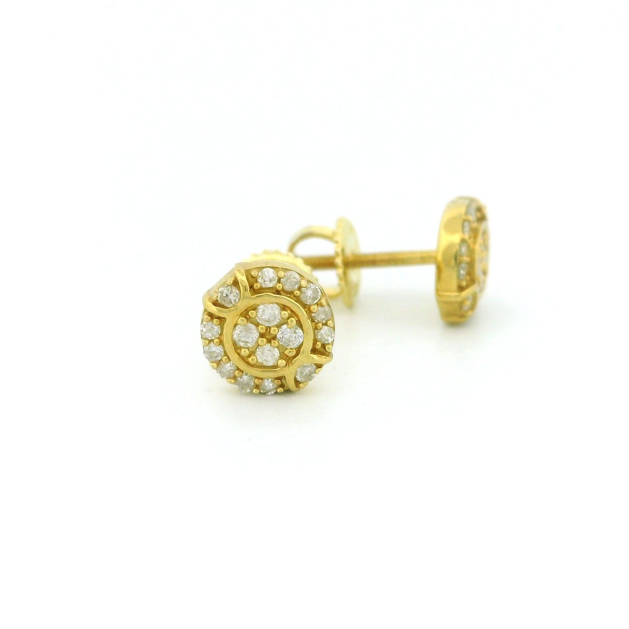 14k Yellow Gold Diamond Stud Earrings, 0.18ct Natural Tiny Round Diamonds, Center Gold Circle & Curved Lines, Screw Back