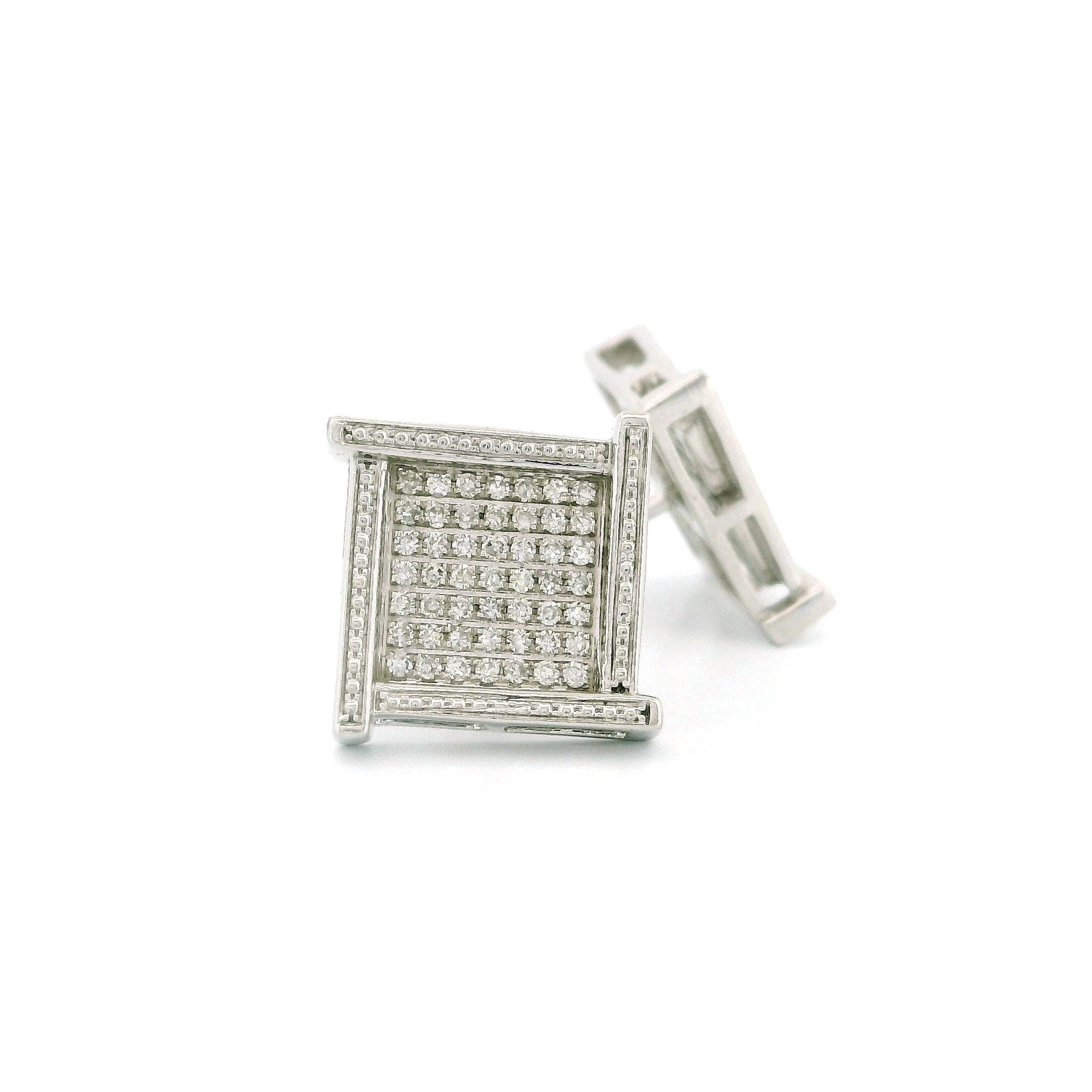 14k White Gold Diamond Stud Earrings, 0.25ct Natural Tiny Round Diamonds, Square Shape with Raised Corners, Screw Back