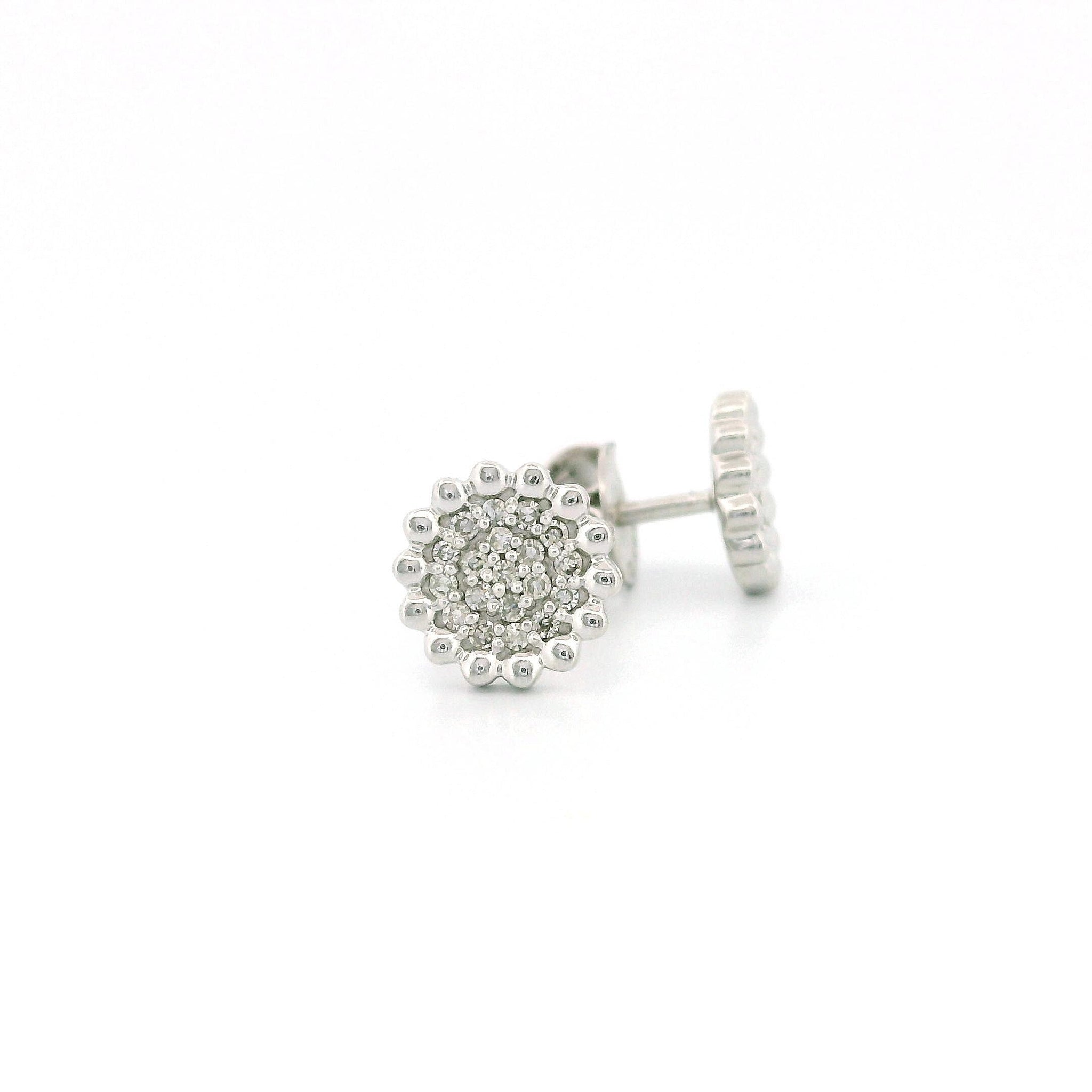 14k Yellow Gold Diamond Stud Earrings, 0.13ct Natural Tiny Round Diamonds, Round Shape with Dotted Flower Edge, Push Back