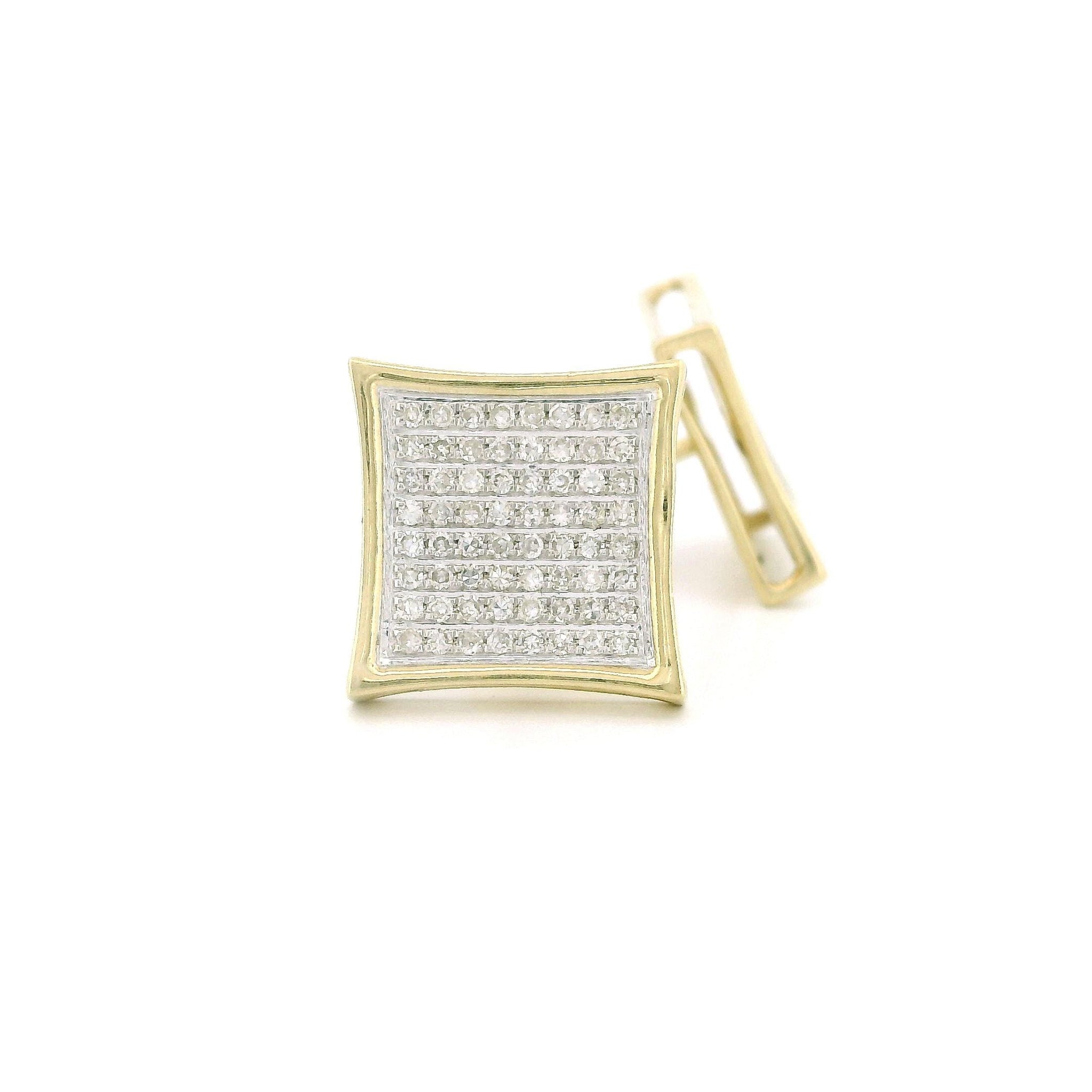 14k Yellow Gold Diamond Stud Earrings, 0.32ct Natural Tiny Round Diamonds, Square Shape with Curved Sides, Screw Back