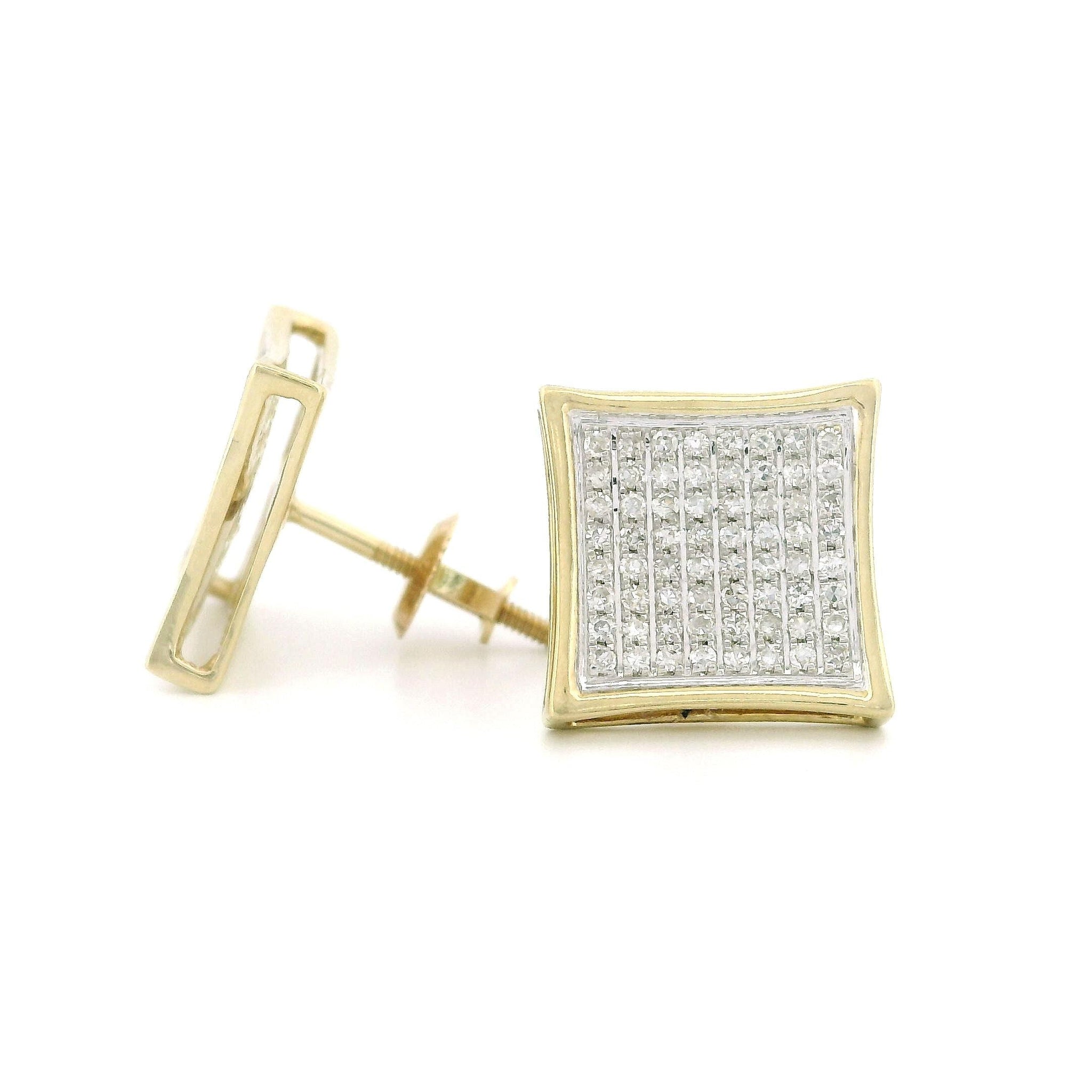 14k Yellow Gold Diamond Stud Earrings, 0.32ct Natural Tiny Round Diamonds, Square Shape with Curved Sides, Screw Back