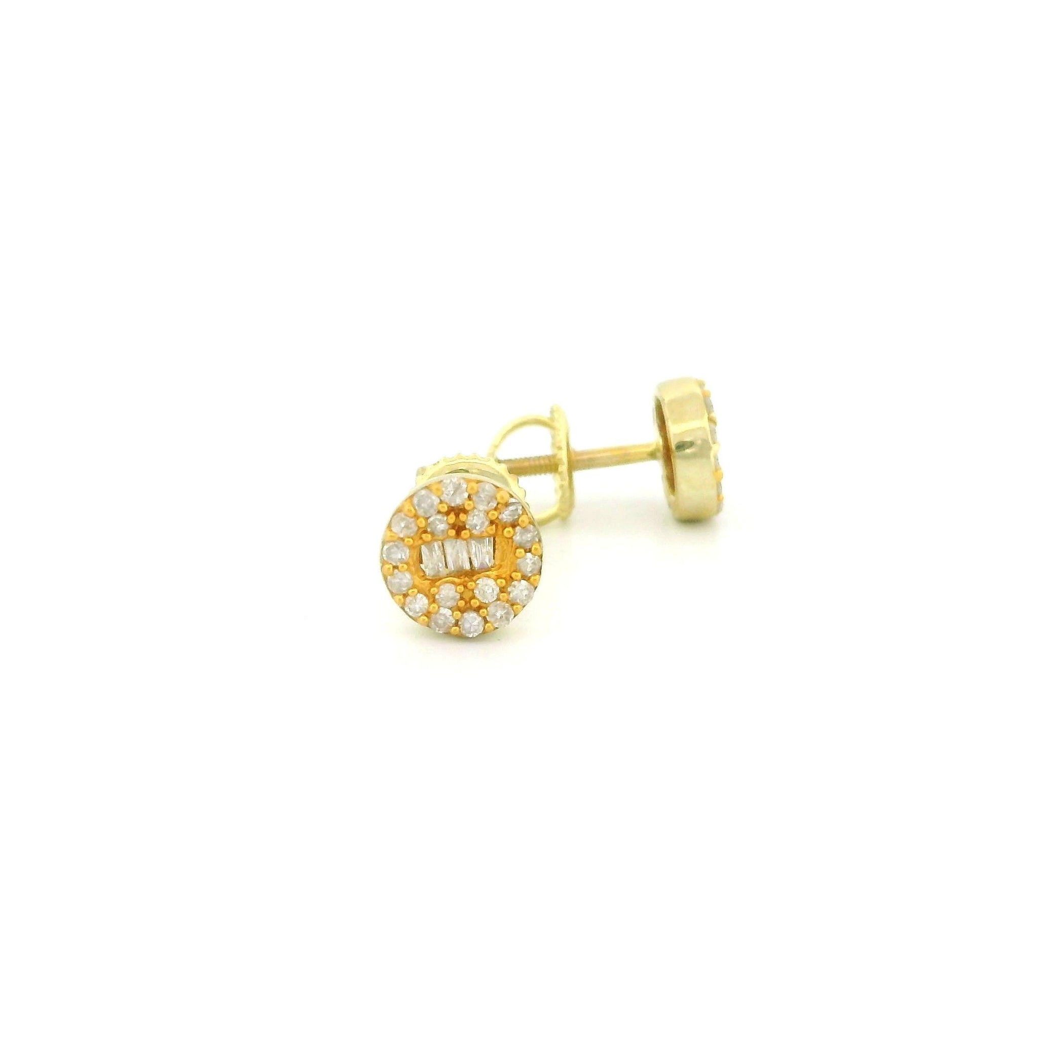 14k Yellow Gold Diamond Stud Earrings, 0.22ct Natural Round & Tapered Diamonds, Round Flat Shape, Screw Back