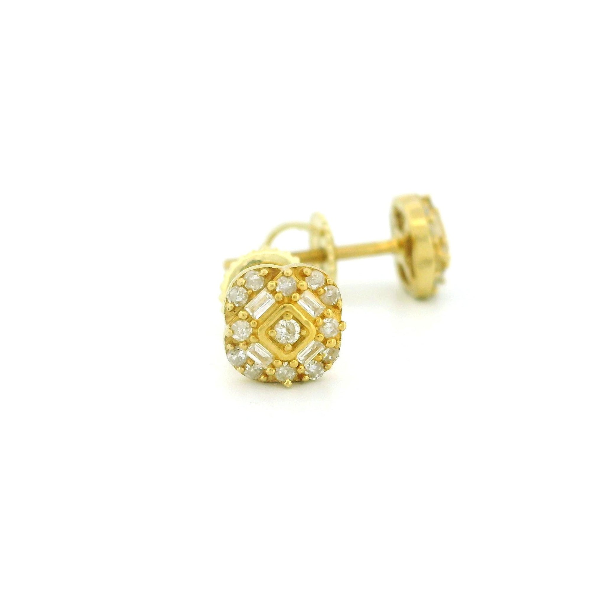 14k Yellow Gold Diamond Stud Earrings, 0.18ct Natural Tiny Round & Tapered Diamonds, Cushion Shape with Raised Square Center, Screw Back