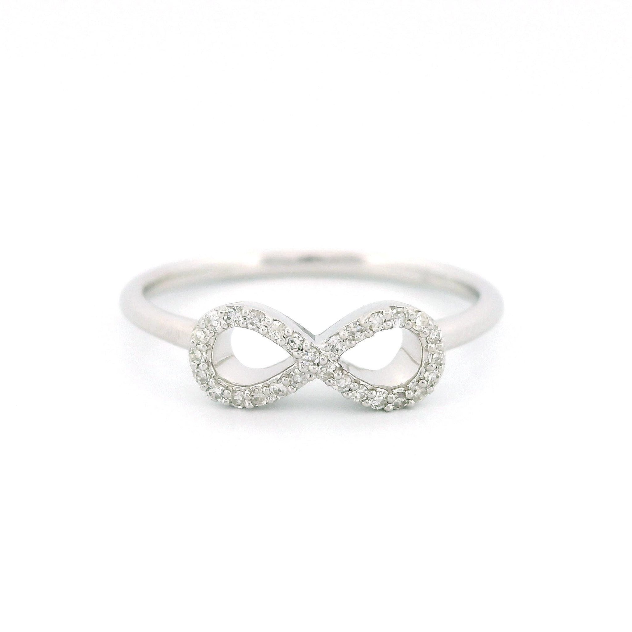 14kt Gold Infinity Ring, Thin Band, 0.10ct Natural Diamonds, Yellow and White Gold, Size 7