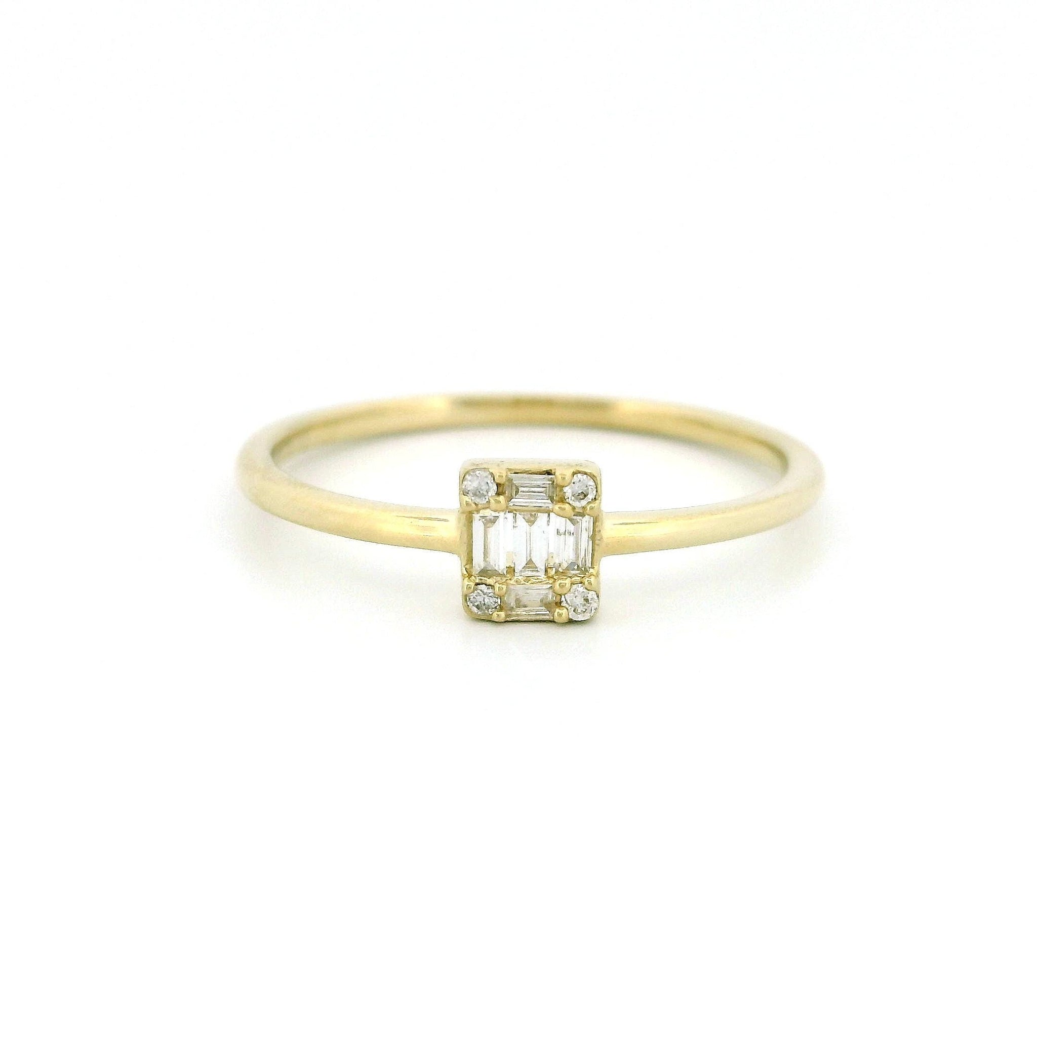 14kt Gold Square Cluster Diamond Ring, Thin Band, 0.08ct Natural Baguette & Round Diamonds, Yellow and White Gold, Size 7