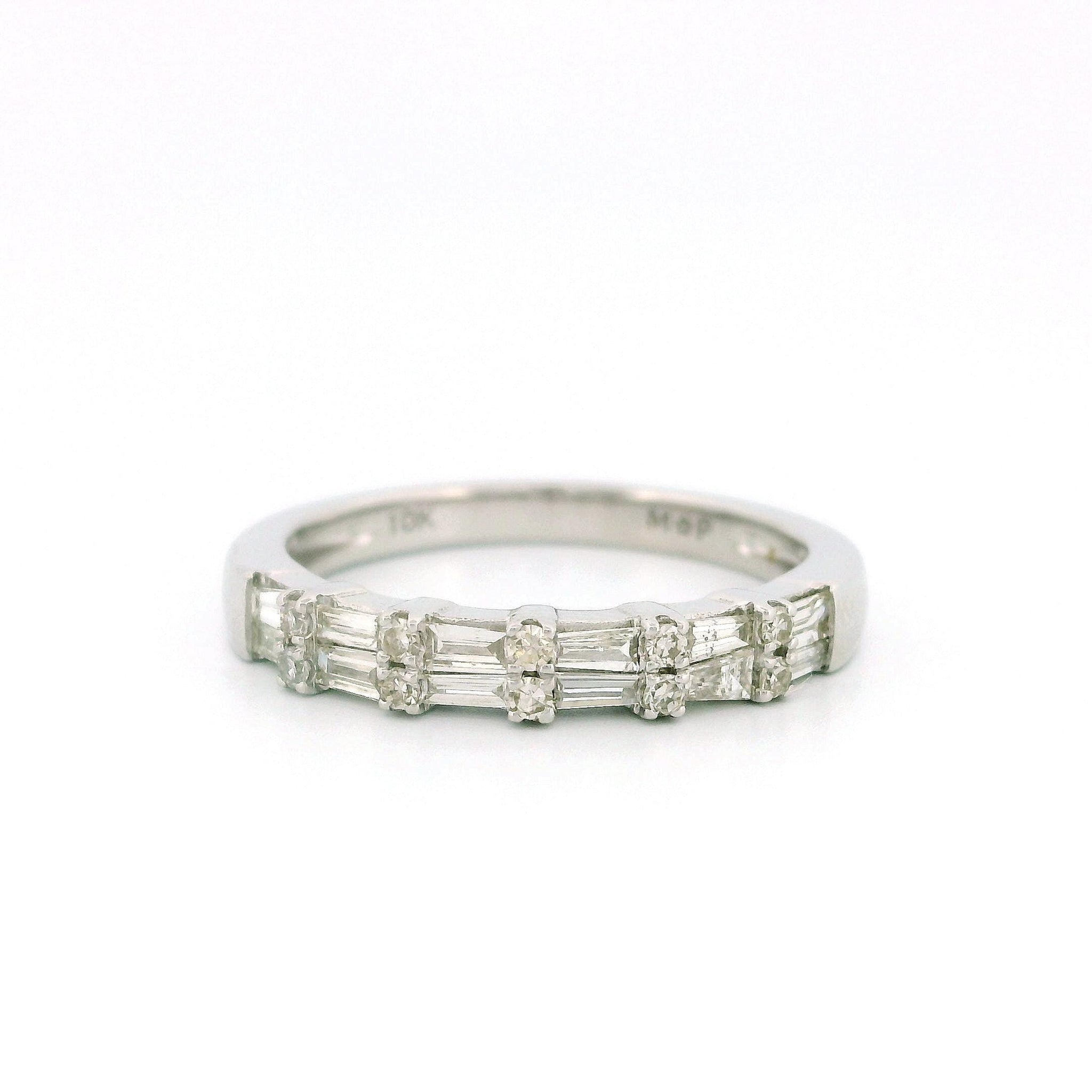 10kt White Gold Diamond Band Ring, Tapered Baguette & Round Diamonds, 0.38ct Natural Diamonds, Size 7