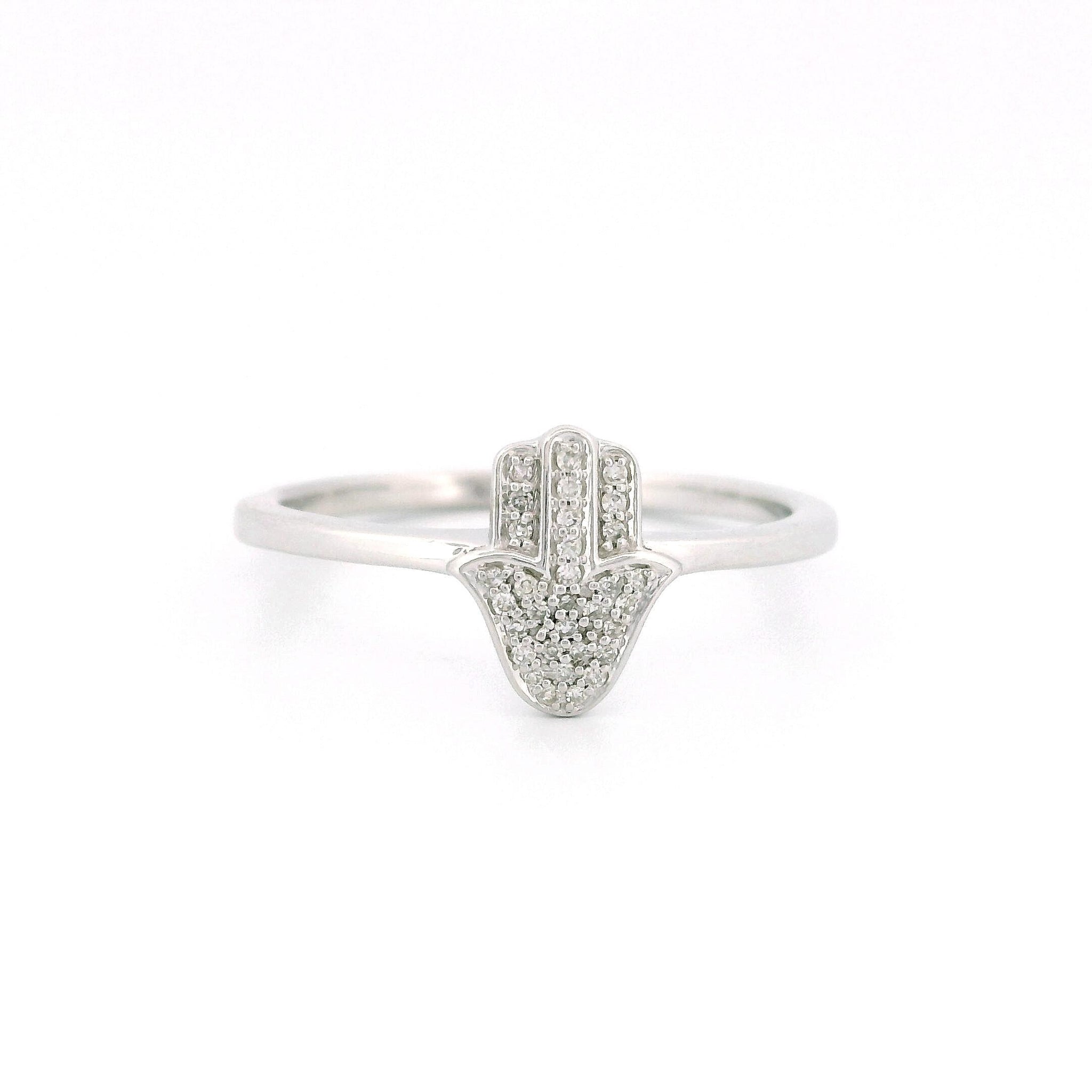 14kt Gold Hamsa Hand Diamond Ring, Thin Band, 0.07ct Natural Diamond, White or Yellow Gold, Size 7