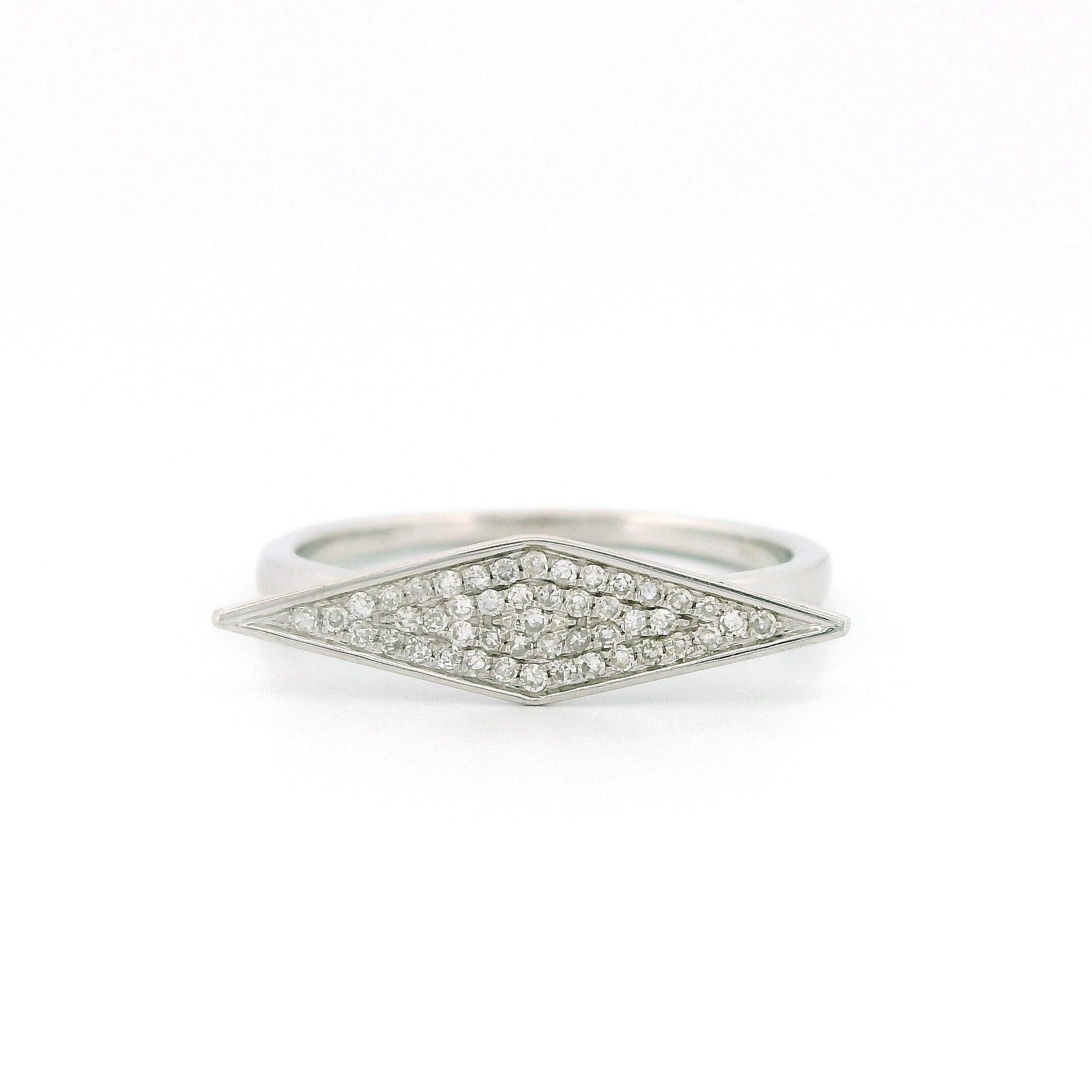 14kt Gold Horizontal Rhombus Diamond Ring, Thin Band, 0.15ct Round Cluster, White or Yellow Gold, Size 7