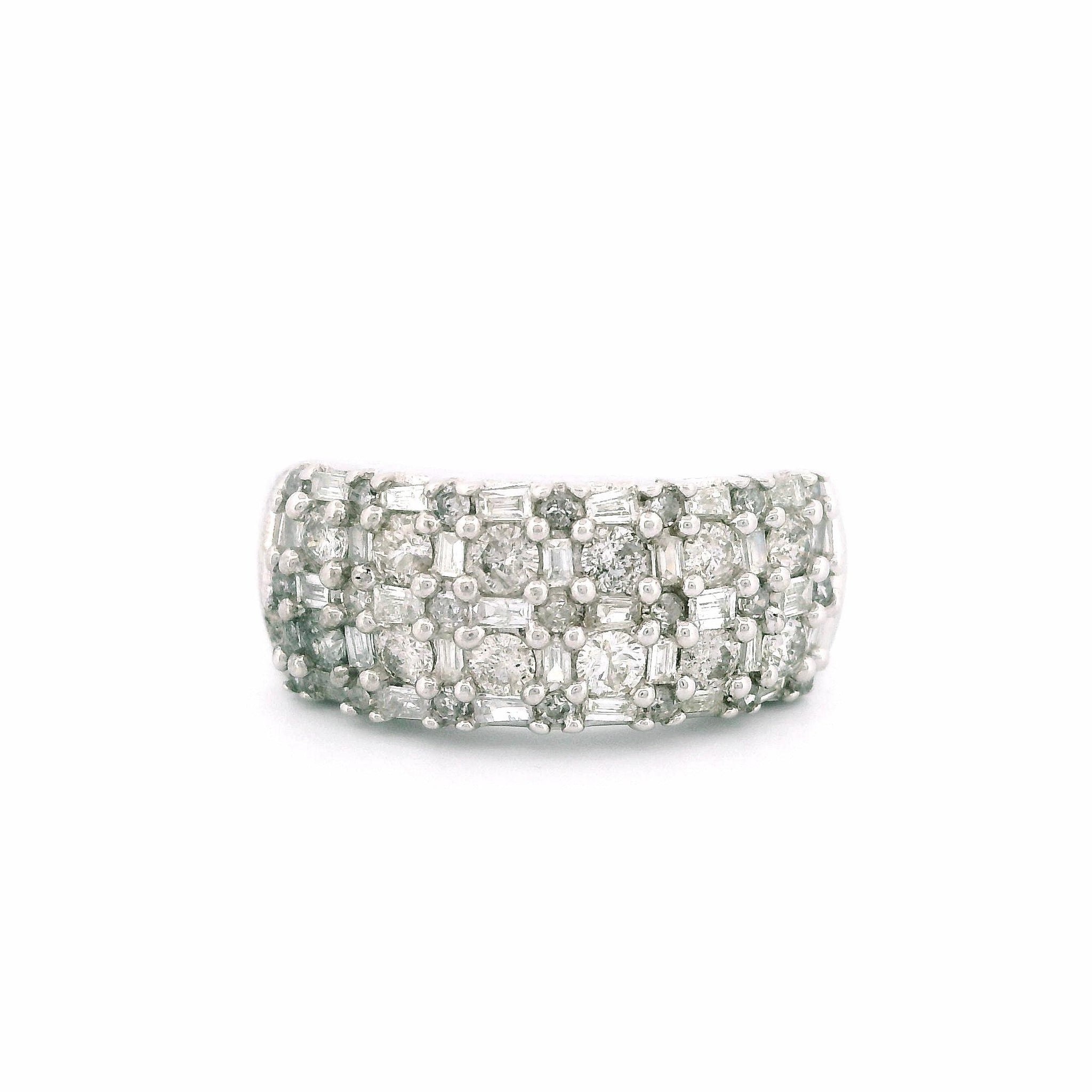 10KT White Gold Thick Band Ring, Fancy Design with Tapered Baguette and Round Diamonds, 1.00 CT Diamond, Size 7