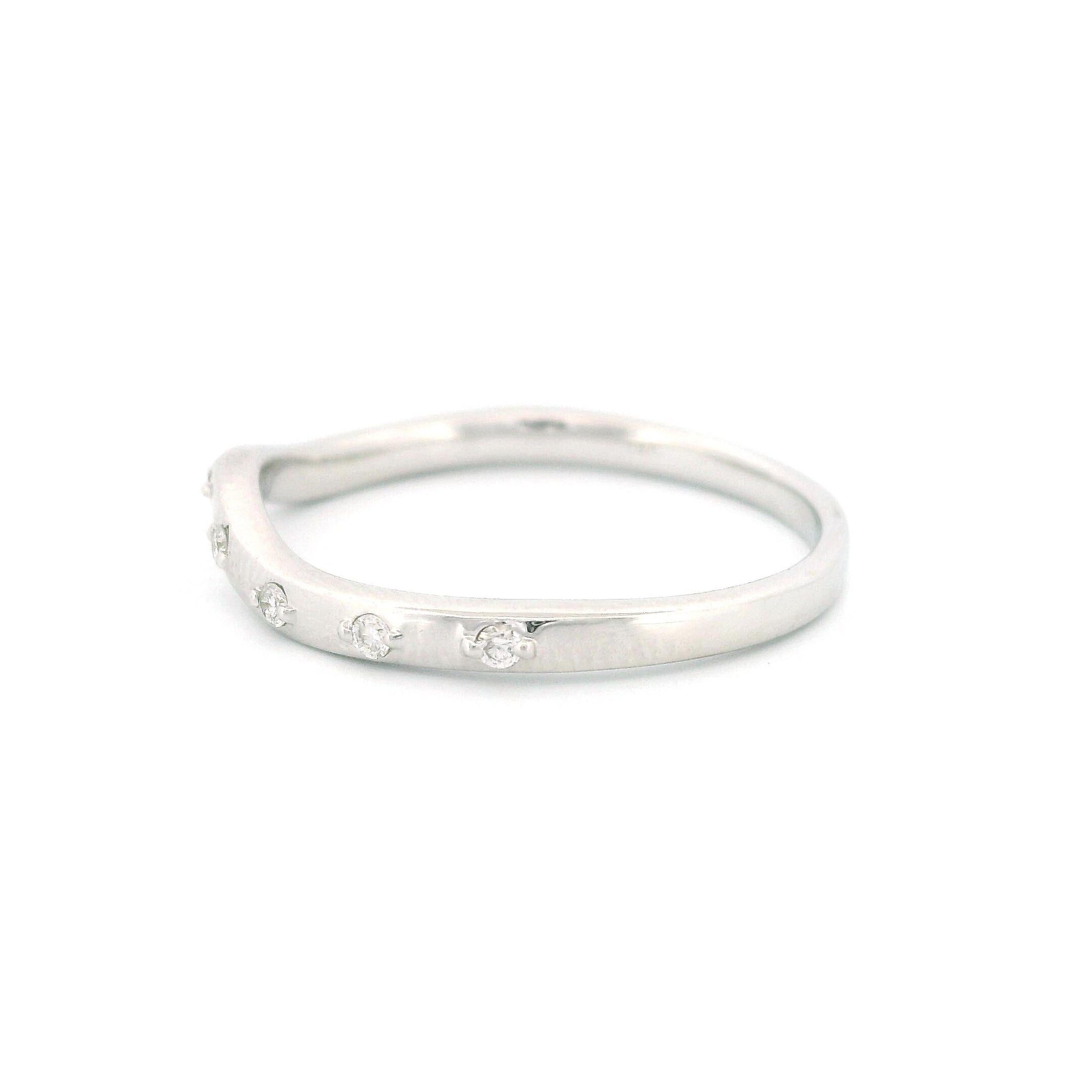 14KT White Gold Curved Band Ring with 9 Diamonds, Thin Band, 0.10 CT, Size 7