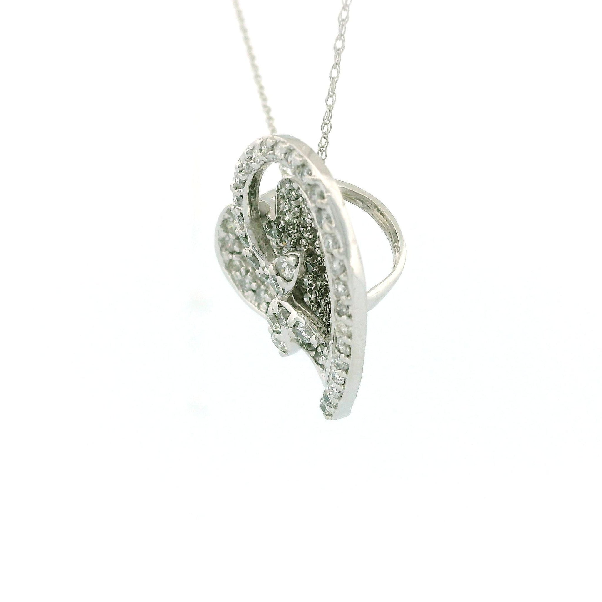 14KT White Gold Heart and Flower Diamond Charm Necklace, 2.25 CT Cluster Pendant, Cable Chain 18"