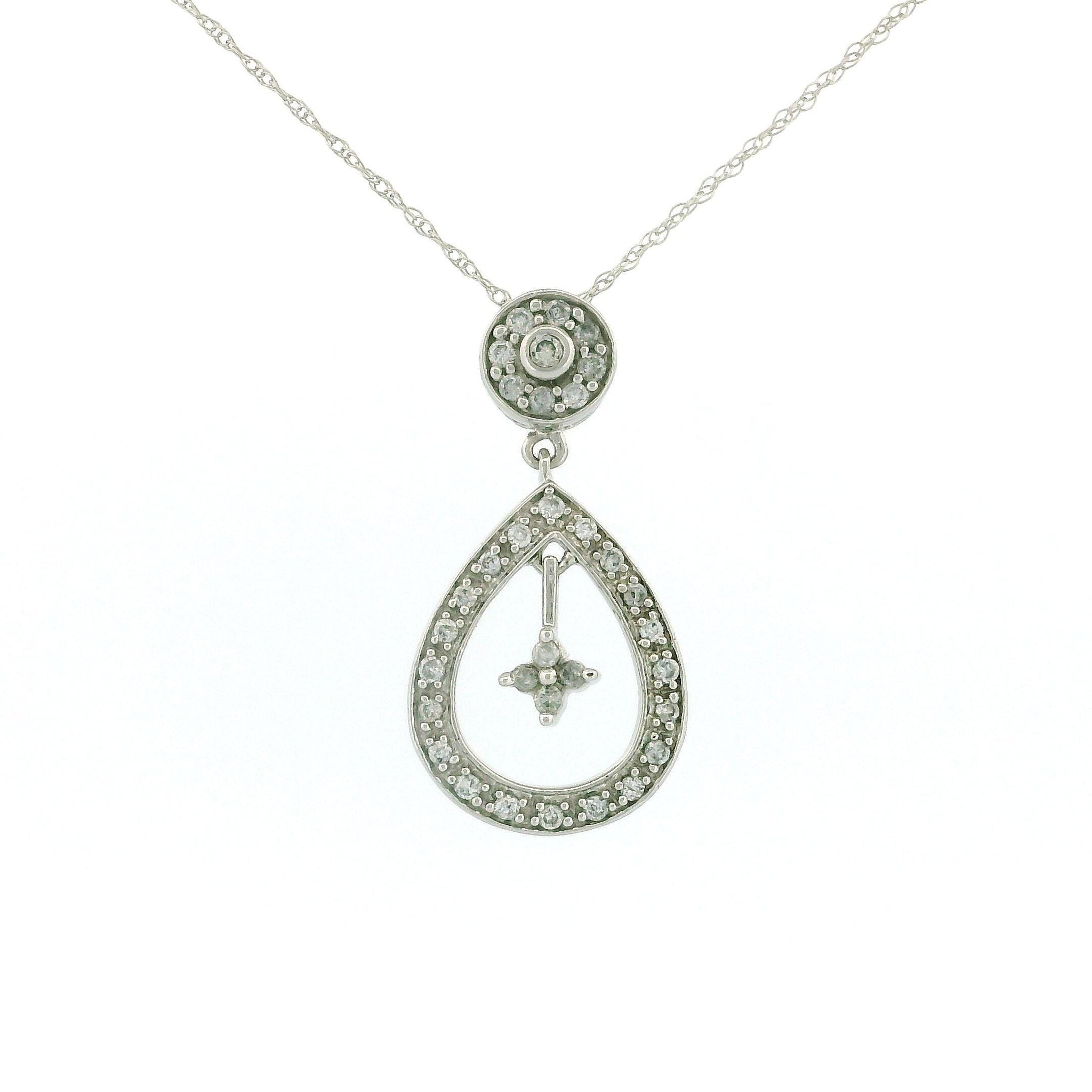 10K White Gold Round and Teardrop Charm Necklace with Dangling Star, Diamond .29ct, Rope Chain 18 Inch