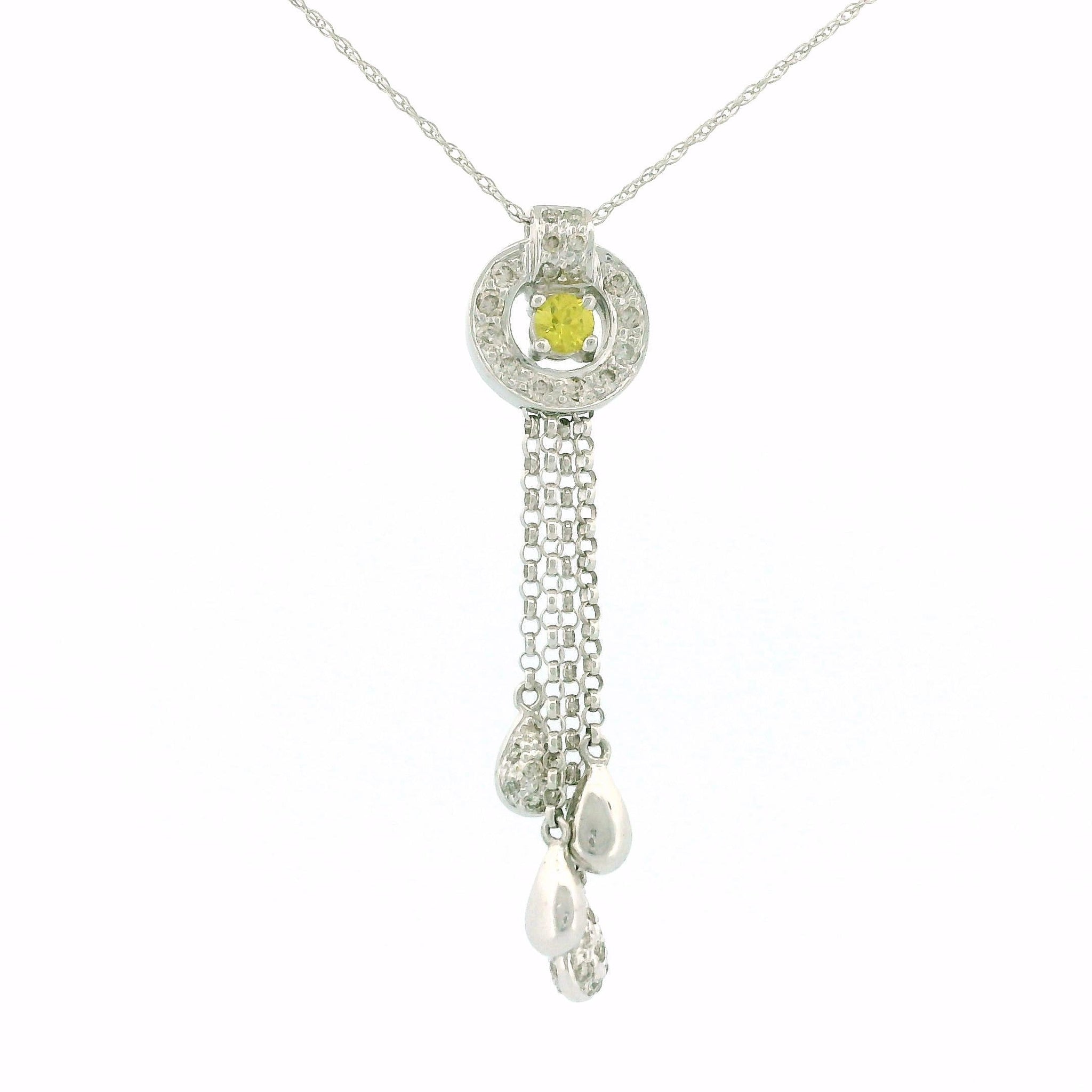 14KT White Gold Round Frame Charm Necklace with Yellow Diamond Center, Teardrop Accents & Cable Link Chain – .50 CT Diamond, 18 Inch
