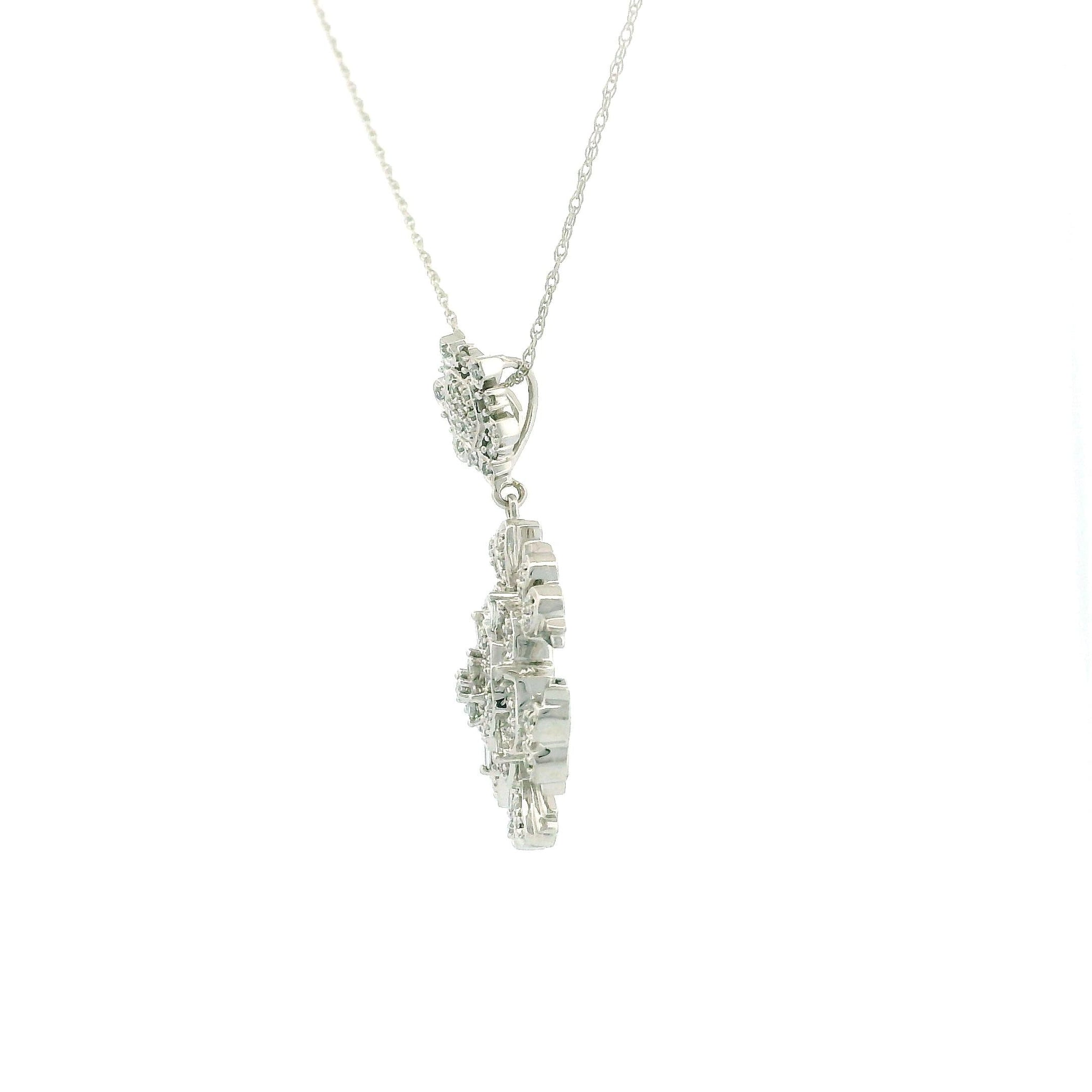 14kt White Gold Hexagon Flower Charm Necklace, Dangling Pendant, 0.44ct Natural Diamond, Cable Link Chain 18"