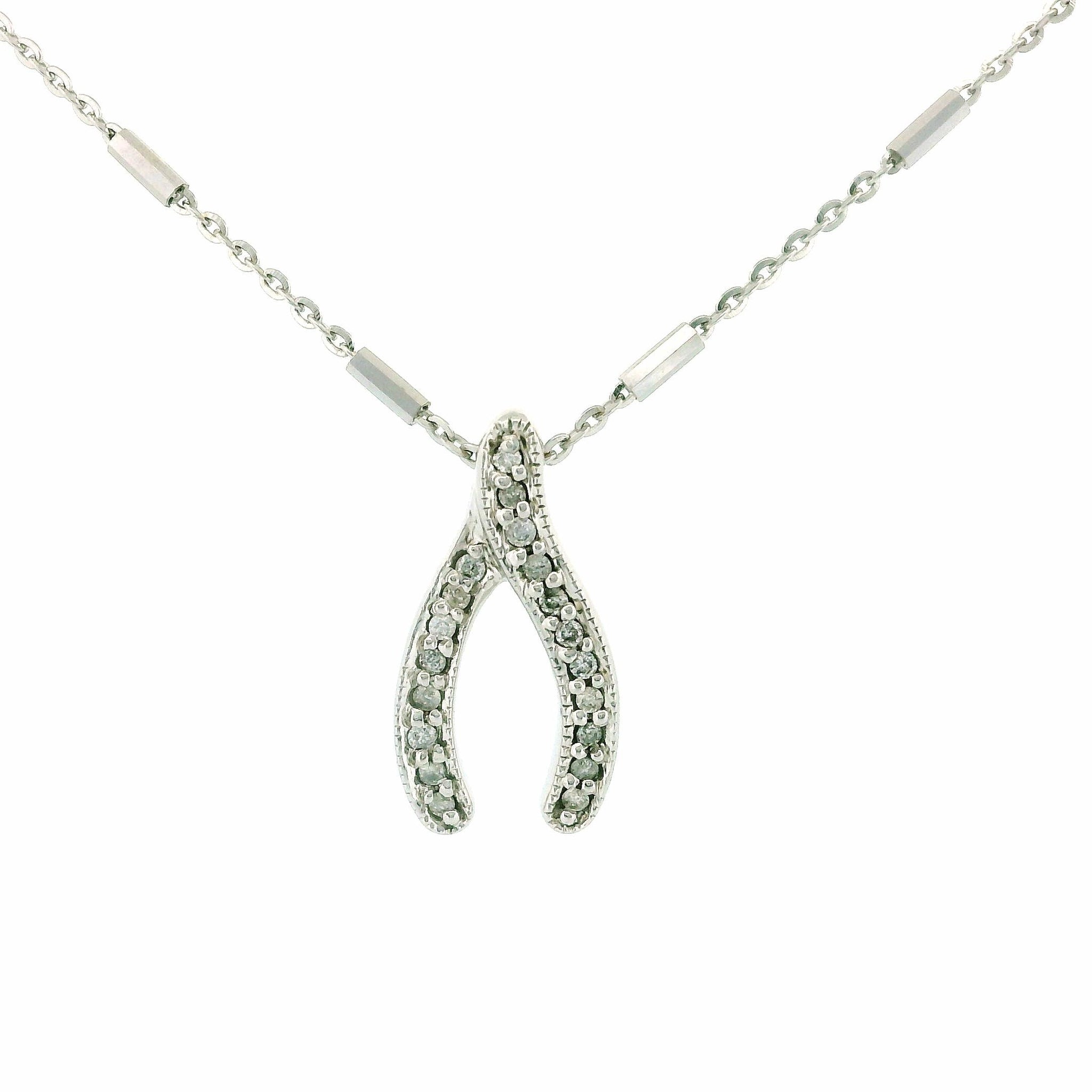 14kt White Gold Wishbone Charm Necklace, Station Bar Chain, 0.15ct Natural Diamond Pendant