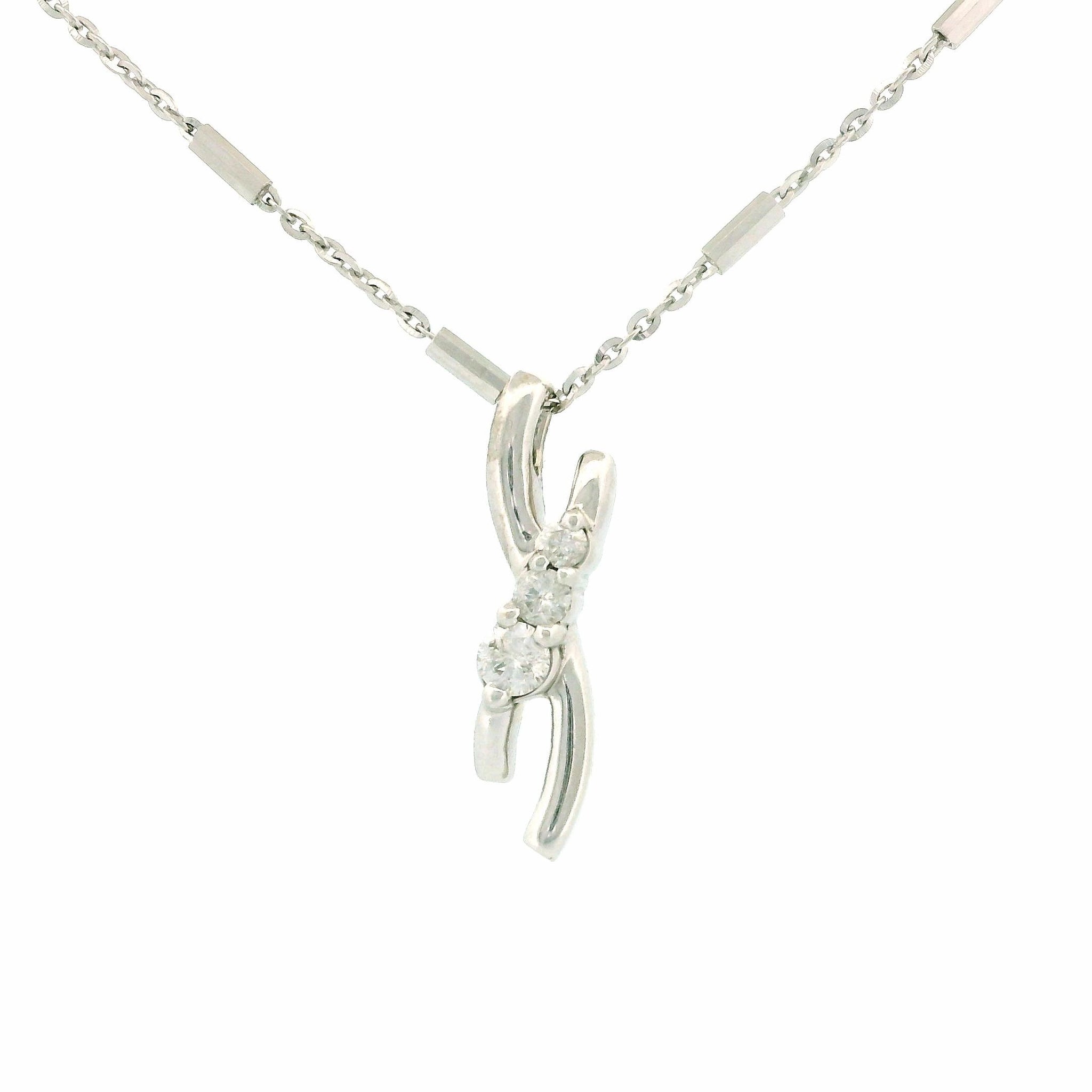 10kt White Gold Twisted Line Diamond Charm Necklace, Bar and Station Chain 18", 0.18ct Natural Diamonds