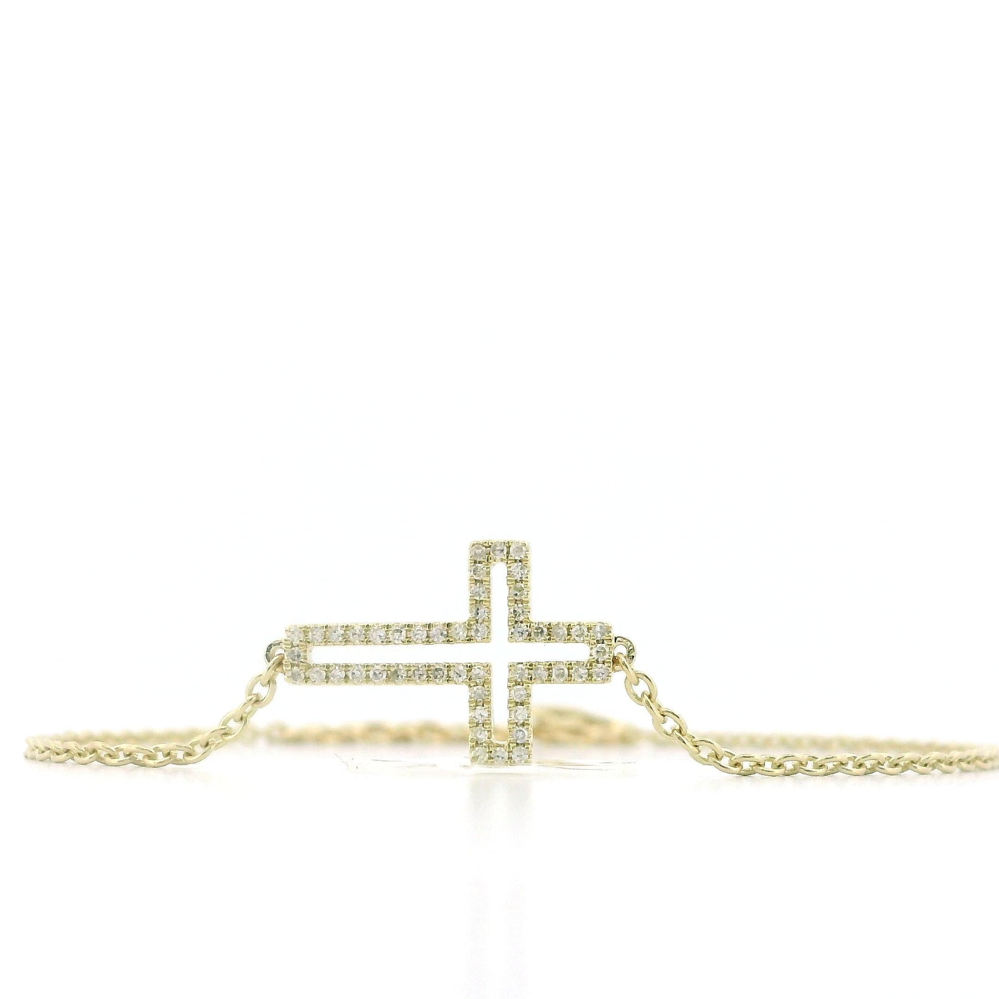 14kt Yellow Gold Diamond Cross Halo Bracelet, Cable Link Chain, 0.10ct Natural Diamonds, Lobster Lock, 6"
