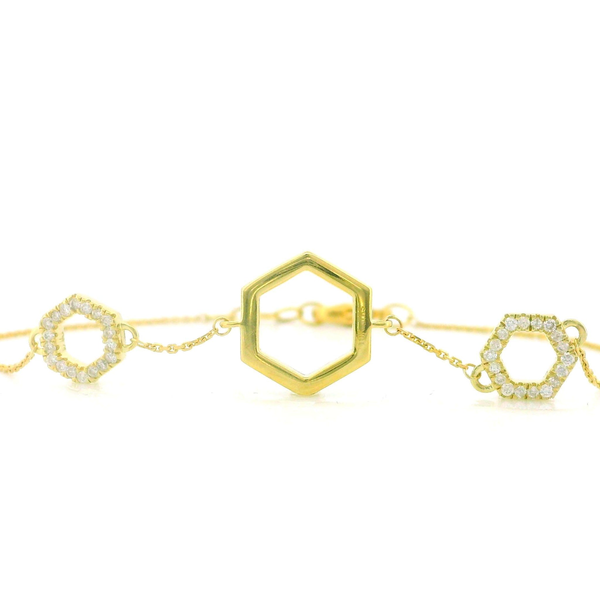 10kt Yellow Gold Hexagon Bracelet, Cable Link Chain, 0.20ct Diamond Accents, 6 Inch