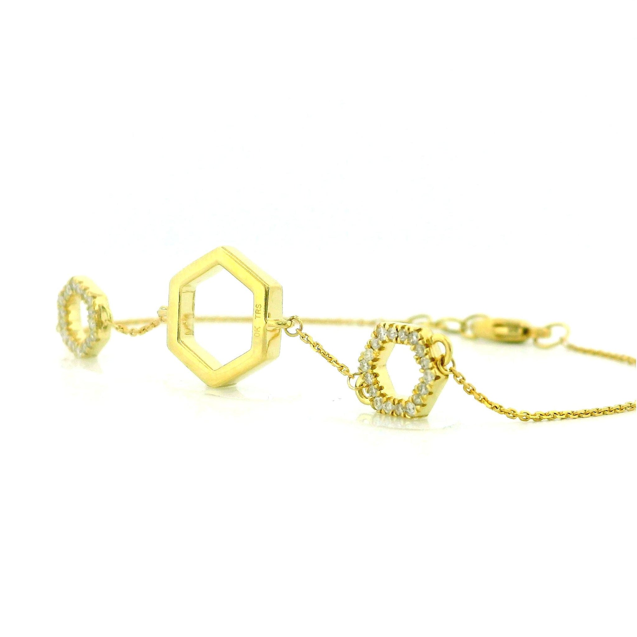 10kt Yellow Gold Hexagon Bracelet, Cable Link Chain, 0.20ct Diamond Accents, 6 Inch