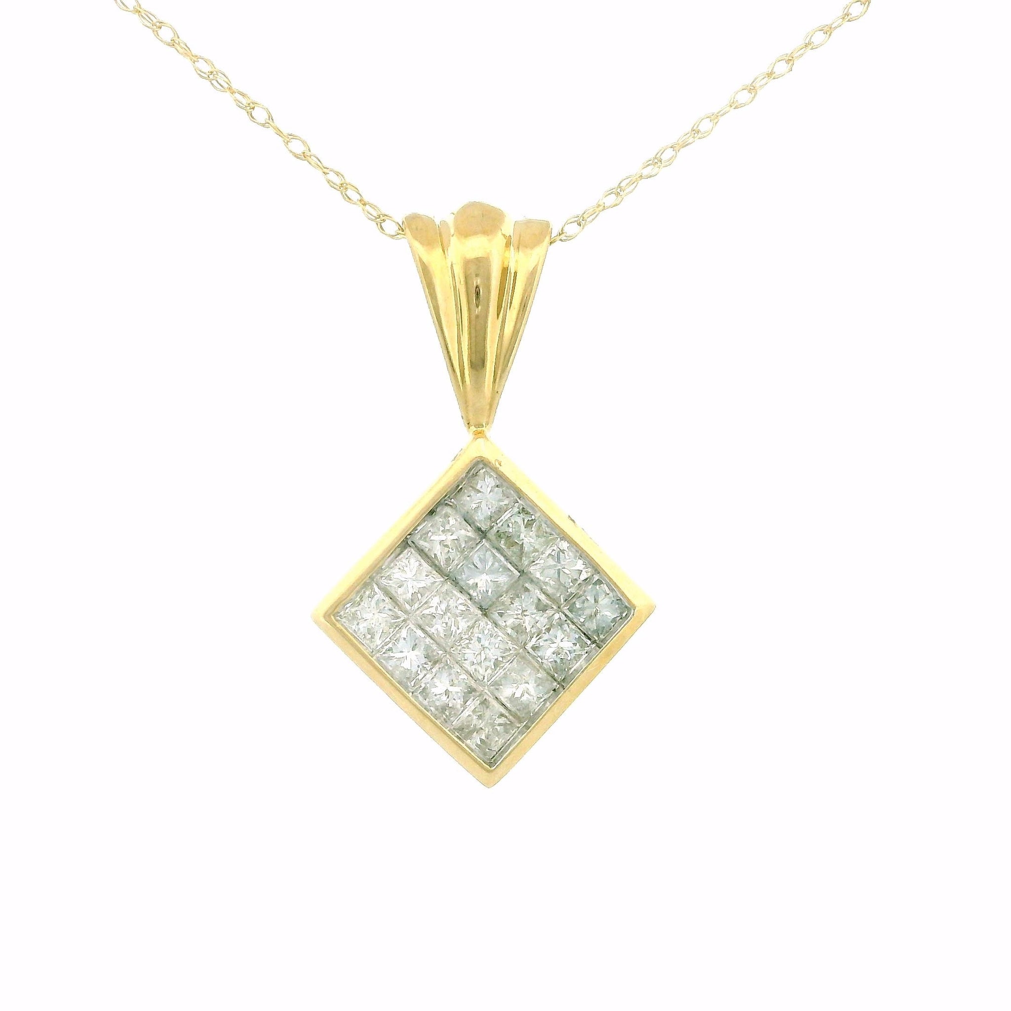 18k Yellow Gold Rhombus Pendant, Princess Cut Diamond 1.10ct, Pressure Setting, (Chain Not Included)