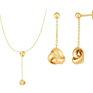 Minimalist Solid Gold Diamond Cut Love Knot Lariat Necklace, Dangle Earrings or Necklace & Earrings Set - wingroupjewelry