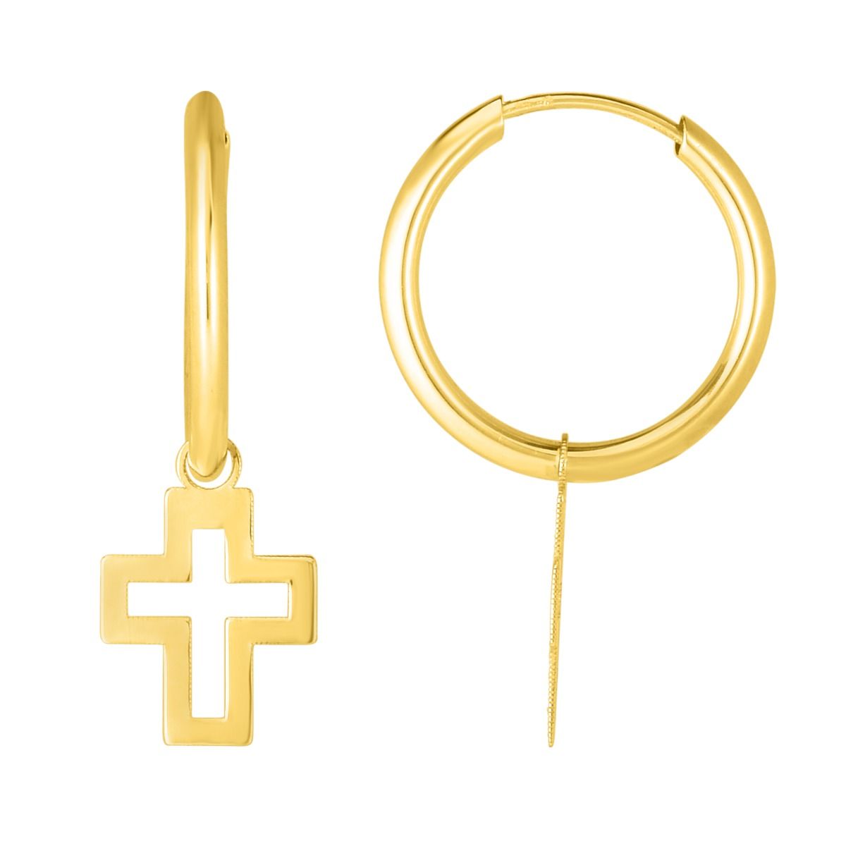 14k Minimalist Solid Yellow Gold Endless Hoop Earrings with Cross Charm