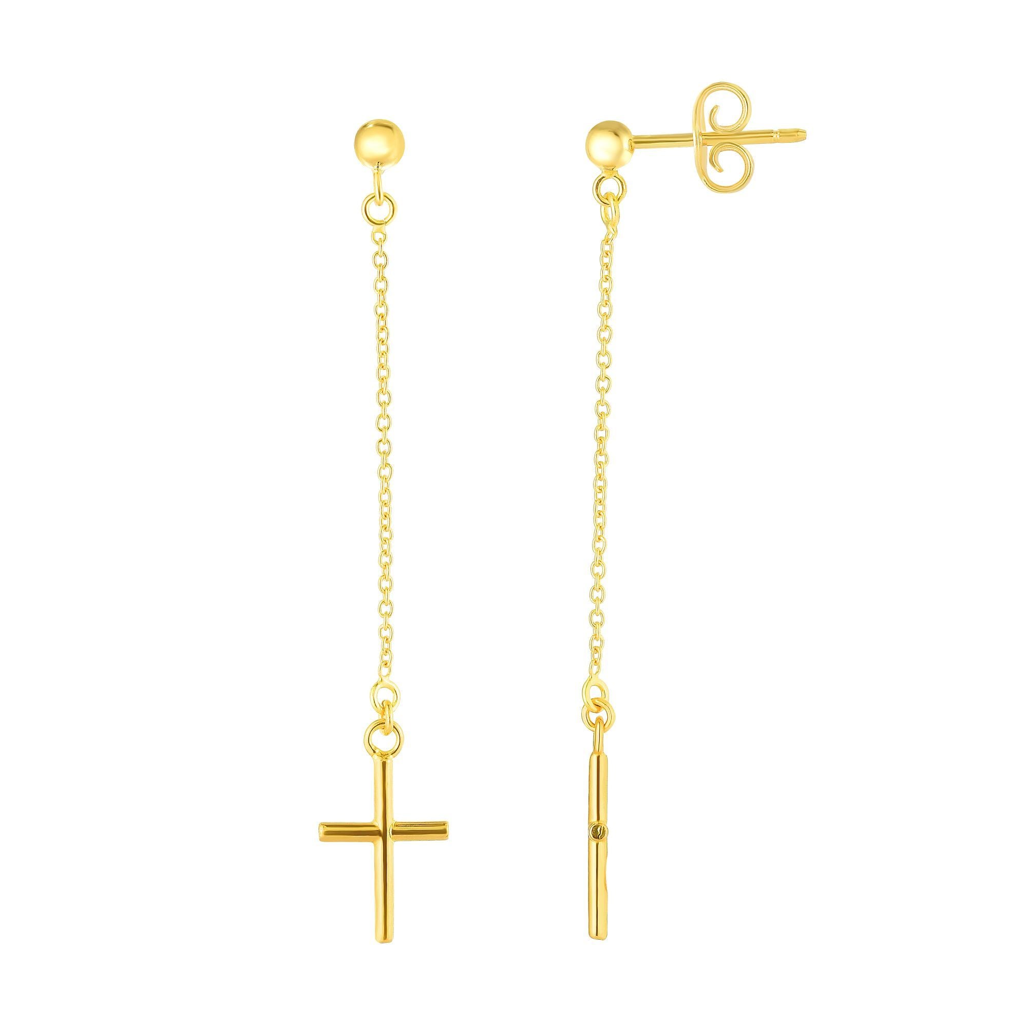 14k Minimalist Yellow Gold Cross Linear Dangle Drop Earrings