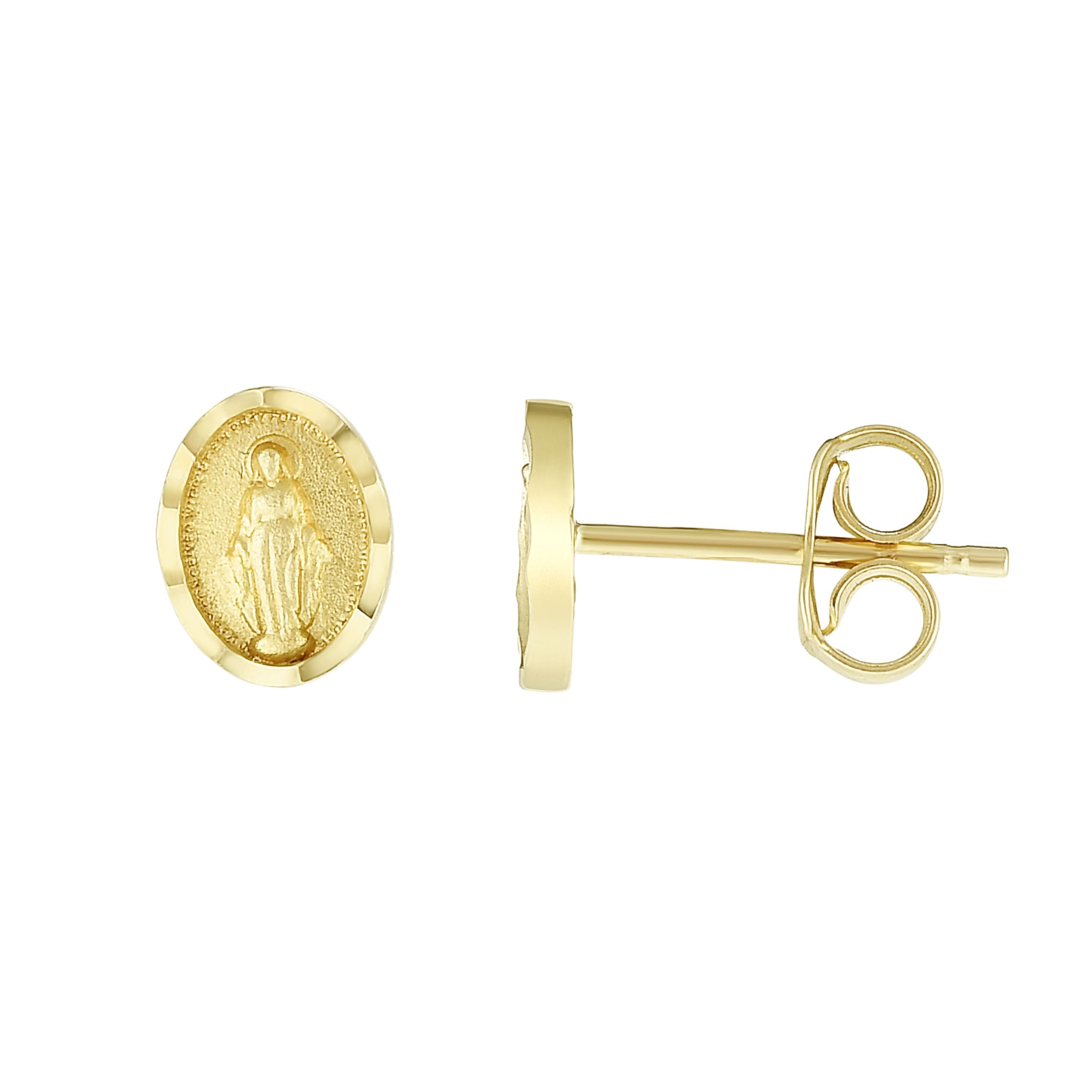 Minimalist Solid Gold Saint Mary Mother of God Post Push Back Earrings made of 14k Yellow Gold - wingroupjewelry