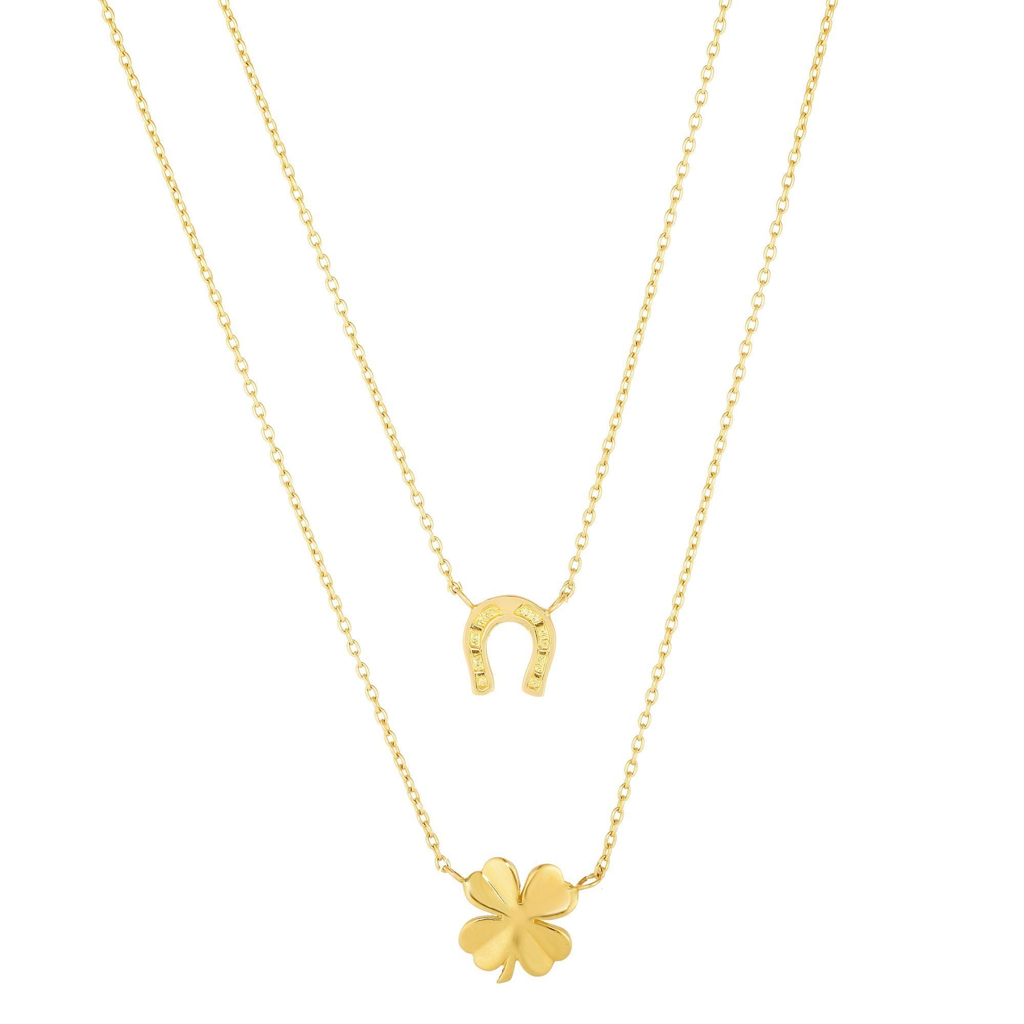 Minimalist Solid Gold Good Luck Horseshoe and 4 Clover Layered Necklace - wingroupjewelry